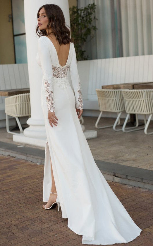 Casual V-neck Sheath Floor-length Sweep Train Long Sleeve Wedding Dres DorrisDress Casual V-neck Sheath Floor-length Sweep Train Long Sleeve Wedding Dres DorrisDress