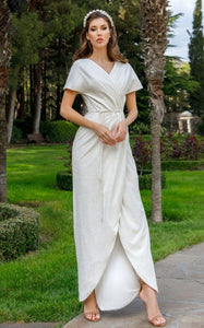 Modern Sheath Ankle-length V-neck Satin Wedding Dress with Sash and Split Front