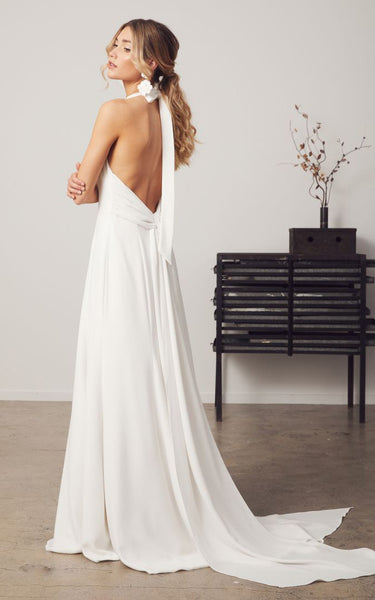 Romantic Satin A-Line Halter Sexy Garden Wedding Dress With Deep-V Back