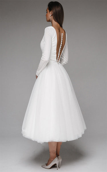 Vintage Tea-length A Line Plunging Neckline Satin Tulle Wedding Dress