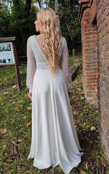 Simple Long Sleeves A-Line Satin Wedding Dress With V-neck And Low-V Back