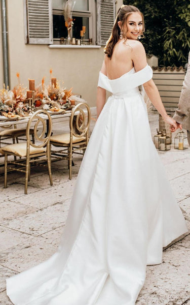 Satin Off-the-shoulder A-Line Casual Sexy Beach Wedding Dress With Open Back And Split Front