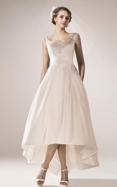 Vintage Sleeveless High Low Satin Wedding Gown With Straps
