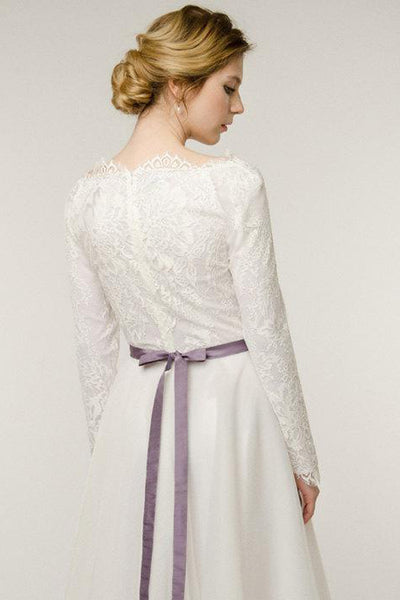 Long Sleeve Natural Tulle Lace Wedding Dress