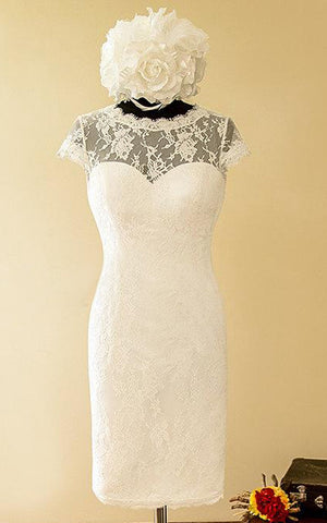 Cap-Sleeve Illusion Button Short Column Satin Dress