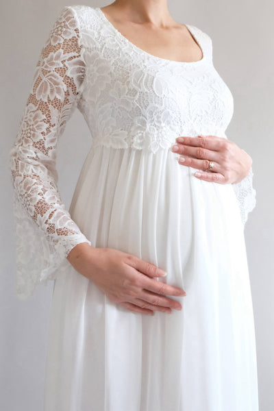 Beach Square Long Sleeve Lace Pleated Maternity Wedding Dress
