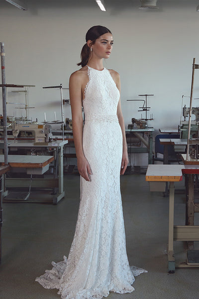 Elegant Lace Halter Sleeveless Sweep Train Wedding Dress