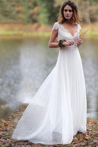 Ethereal A Line Chiffon and Pleated Lace V Neck Wedding Dress