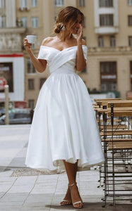 Vintage A Line Off-the-shoulder Satin Tea-length Sleeveless Wedding Dress with Criss Cross and Ruching