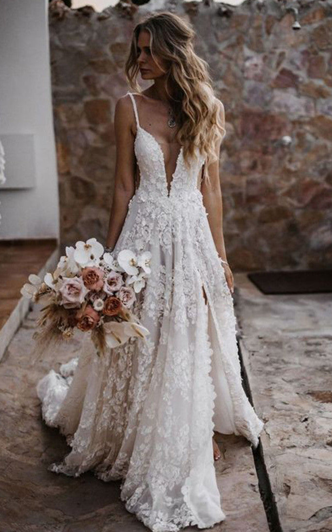 Boho A-Line Lace Tulle Sleeveless Wedding Dress with Split Front Count – DorrisDress