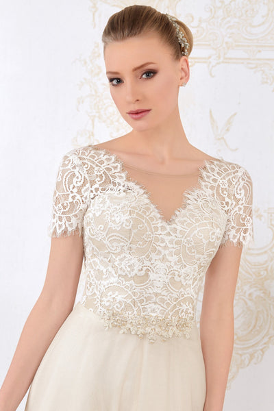 Floor-Length V-Neck Appliqued Short-Sleeve Lace Wedding Dress