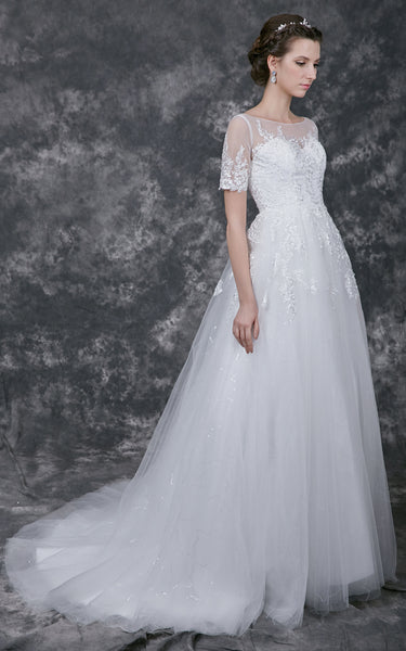 Illusion Short Lace Sleeve Bateau Neck A-line Tulle Gown