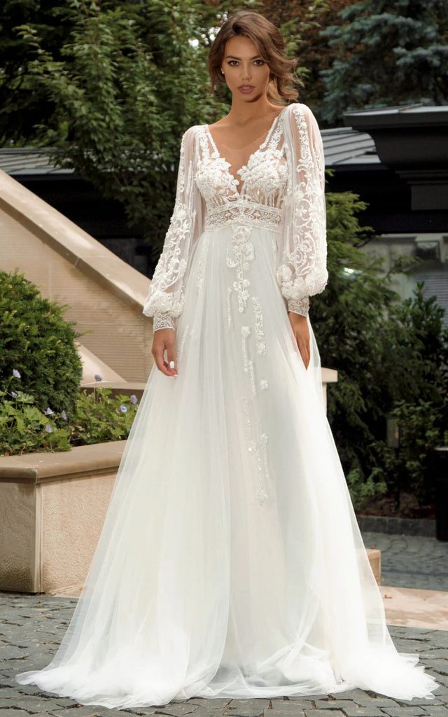 Bohemian A-Line Lace Wedding Dress V-neck Zipper Back Flowy Classy Bea