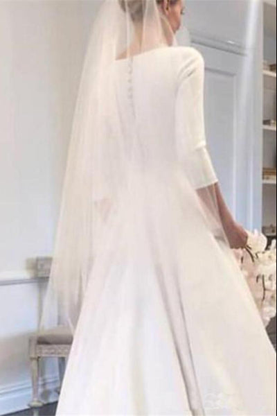 Modest Satin A-line 3/4 Sleeve Wedding Dress with Full Covered Back