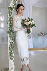 Split Back Sheath Ankle-length Wedding Dress With Illusion Lace Appliques