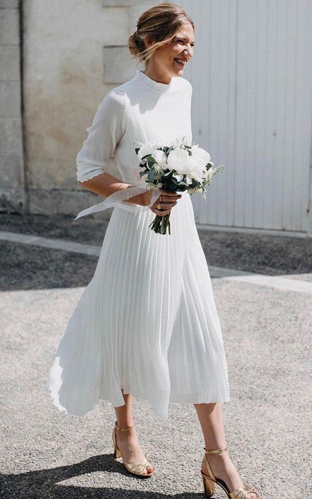 Vintage Tea-length A Line High Neck Tulle Wedding Dress with Pleats-71 DorrisDress Vintage Tea-length A Line High Neck Tulle Wedding Dress with Pleats-71 DorrisDress