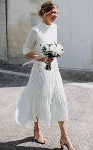 Vintage Tea-length A Line High Neck Tulle Wedding Dress with Pleats