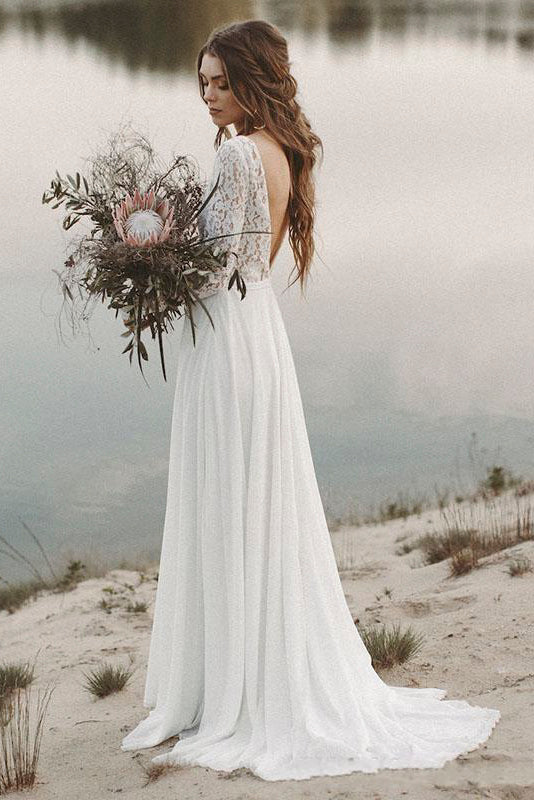 Simple Long Sleeves A-line Wedding Dress with Lace And V-neck-715639 – DorrisDress