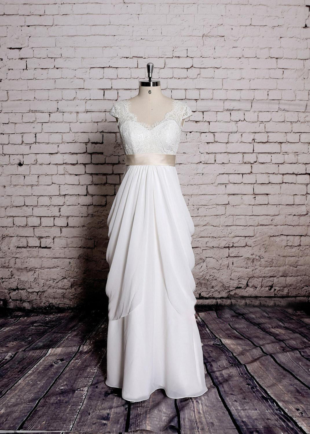 long chiffon dress with cap sleeves Scoop Cap Sleeves Backless Long Chiffon Lace Appliques Wedding Dress With Train, Diamond White / 10