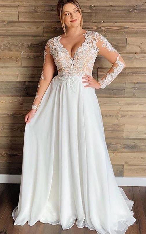 Chiffon Lace Floor-length A Line Long Sleeve Ethereal Wedding Dress with Pleats