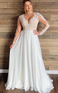 Chiffon Lace Floor-length A Line Long Sleeve Ethereal Wedding Dress with Pleats