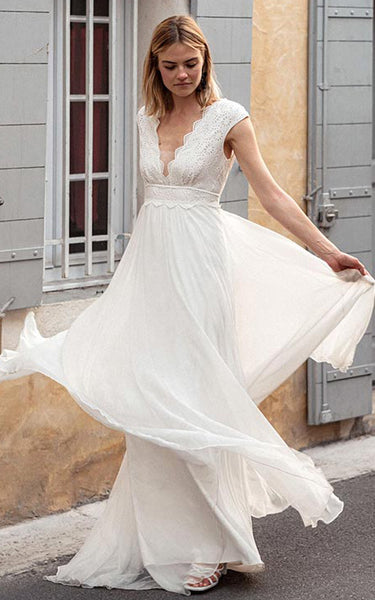 Bohemian V-neck Chiffon Lace A Line Short Cap Sleeve V Back Wedding Dress with Sweep Train