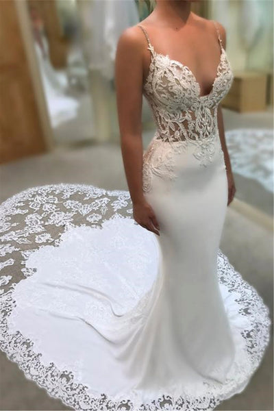 Sexy Plunging Spaghetti Lace Bodice Bridal Gown With Cathedral Train