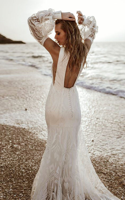 casual mermaid wedding dresses Casual Sleeveless V-neck Illusion Sleeveless Mermaid Wedding Dress