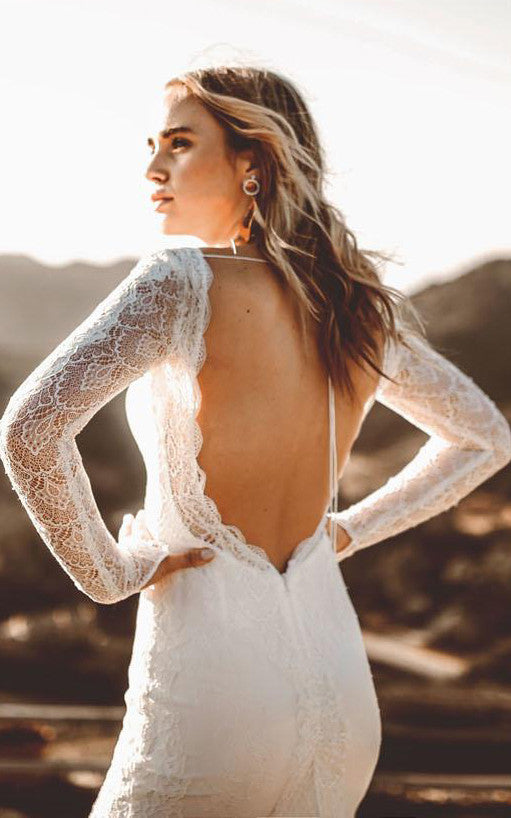 Satin Floor-length Chapel Train Bodycon Long Sleeve Vintage Wedding Dr – DorrisDress