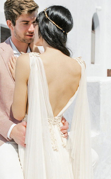 Grecian V-neck Plunging Neckline A-Line Tulle Wedding Dress With Low-V Back And Sash