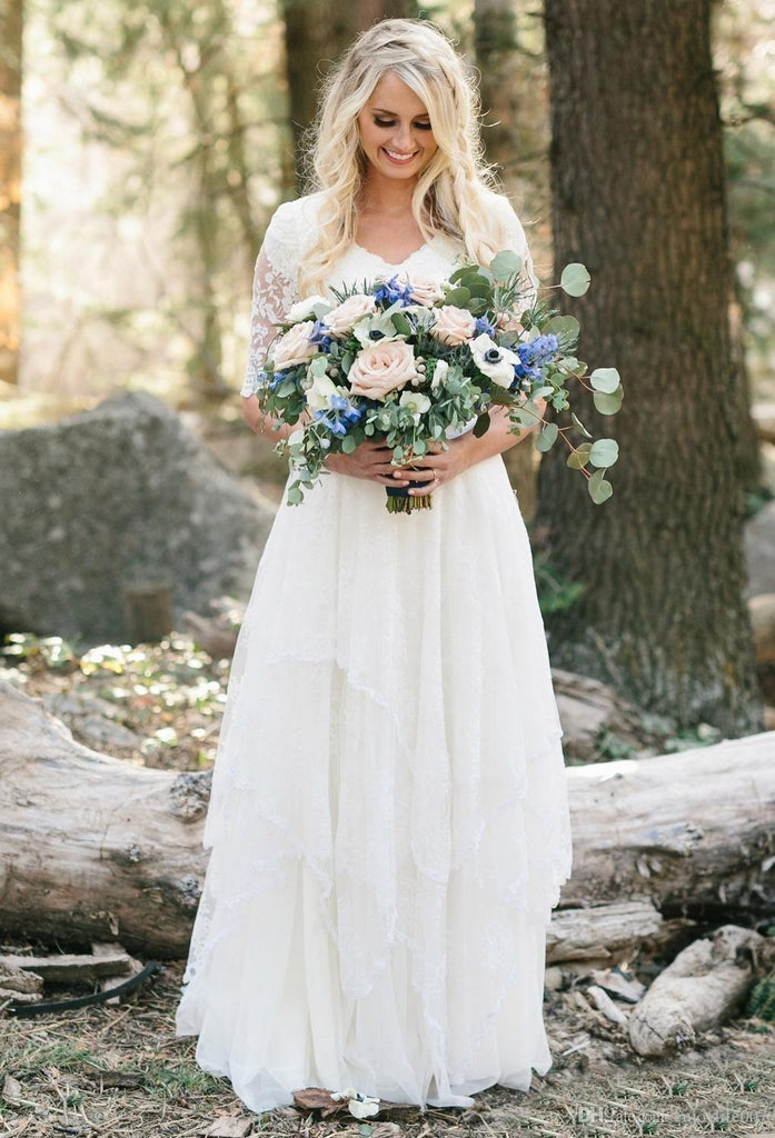 Bohemian Forest Modest V Neck Half Sleeves Lace Chiffon Bridal Gown-71 – DorrisDress