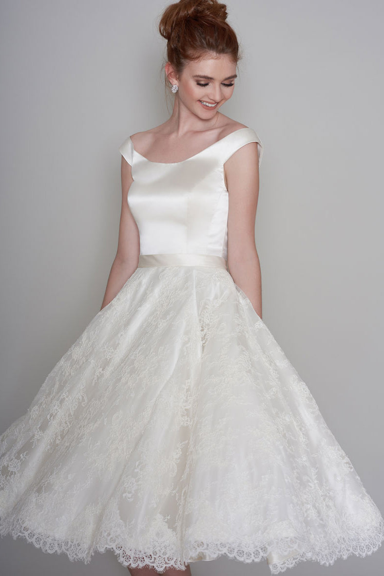 Simple Satin and Lace Cap-Sleeve Tea-length Bridal Gown with Bow