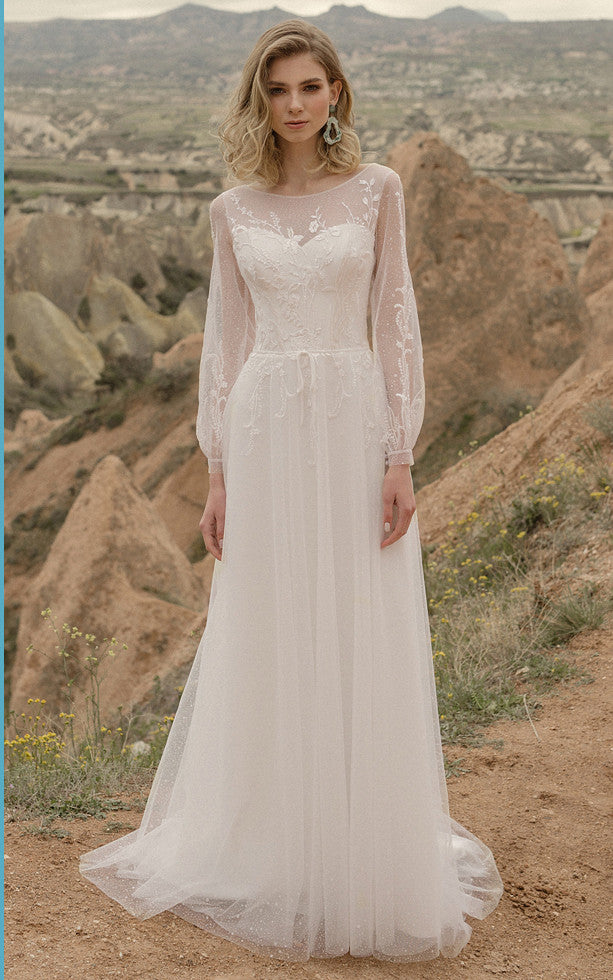 Elegant A-Line Bateau Wedding Dress With Illusion Long Sleeves And Lace-up Back