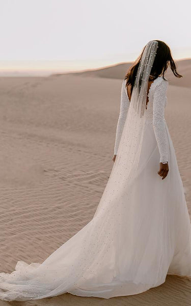 Bohemian A Line V-neck Chiffon Lace Long Sleeve Wedding Dress with V Back and Sweep Train