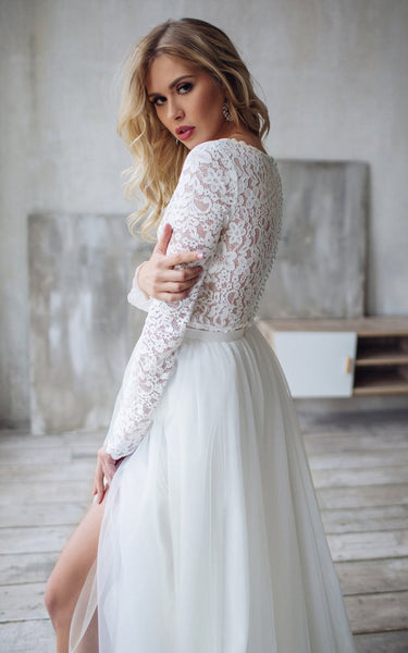Lace Tulle Floor-length Sweep Train Two Piece Long Sleeve Simple Wedding Dress