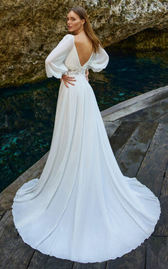 Bohemian A-Line Chiffon Wedding Dress With Poet Long Sleeves And Deep- DorrisDress Bohemian A-Line Chiffon Wedding Dress With Poet Long Sleeves And Deep- DorrisDress