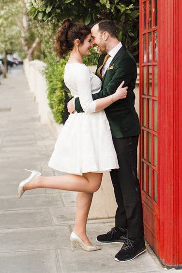 3 4 sleeve knee length wedding dress White A Line Vintage Knee Length 3/4 Sleeve Lace Wedding Dresses, MW248