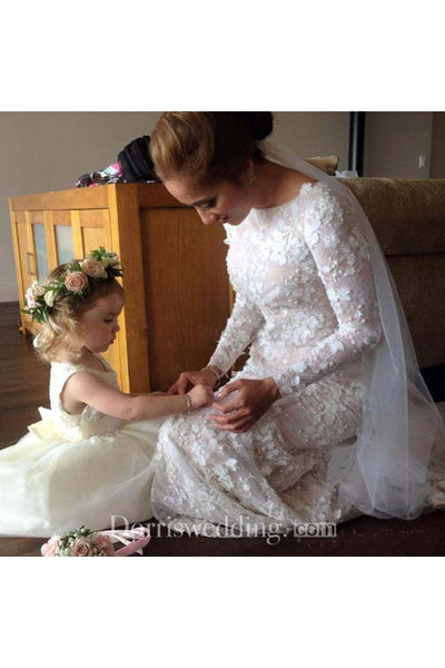 Vintage Long Sleeve 3D-floral Appliques Crystal Mermaid Wedding Dress