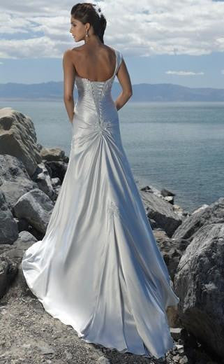 open lace back dress Trumpet Mermaid One Shoulder Sweep Brush Train Elastic Woven Satin Wed –  DorrisDress