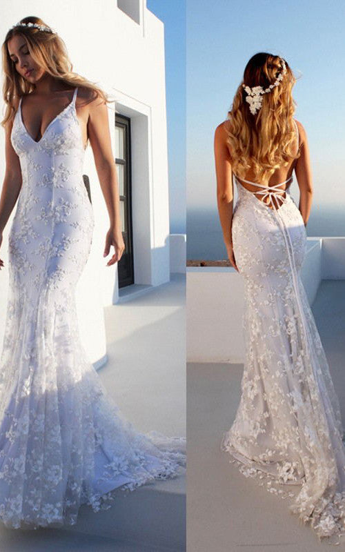 Mermaid Spaghetti Lace Simple Wedding Dress Sexy Bohemian Elegant Beach With Deep-V Back And Sleevesless Appliques