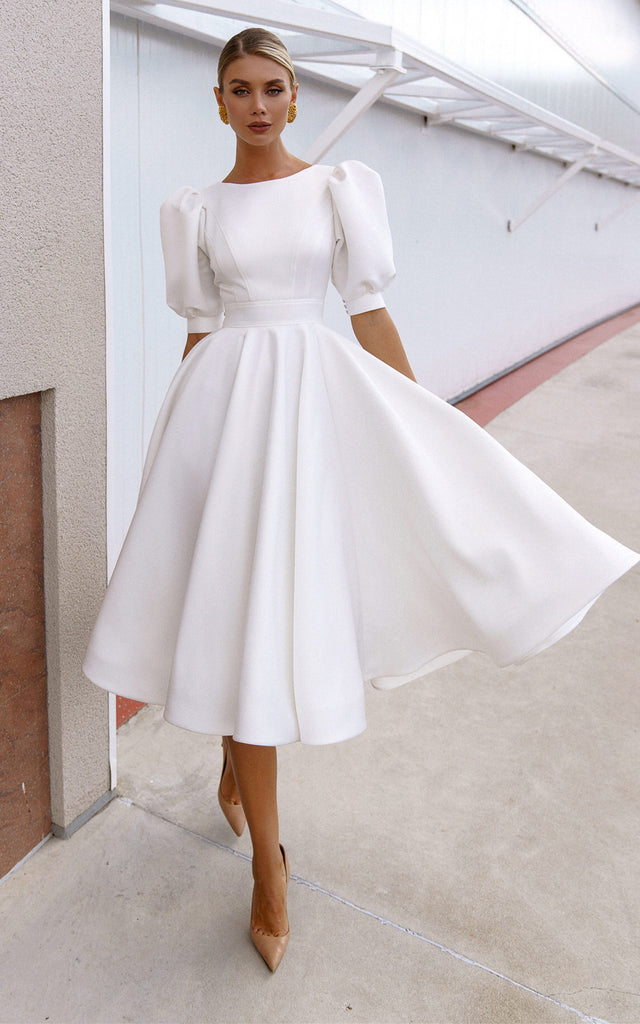 Elegant Bateau A Line Satin Knee-length Wedding Dress-716097 DorrisDress Elegant Bateau A Line Satin Knee-length Wedding Dress-716097 DorrisDress
