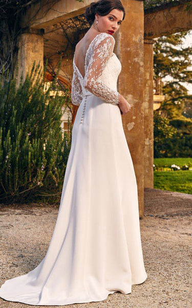 Modest Elegant Lace Satin Sheath V-neck Sweep Train Deep-V Back Wedding Dress
