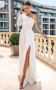 A-Line One-shoulder Satin Wedding Dress Simple Elegant Adorable Beach Summer With Open Back And Long Sleeves And Ruching