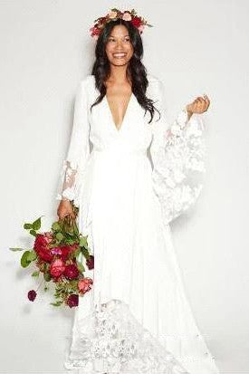 Simple Bohemian Long Sleeves Deep V Neck Hippie Beach Wedding Gown-715 – DorrisDress