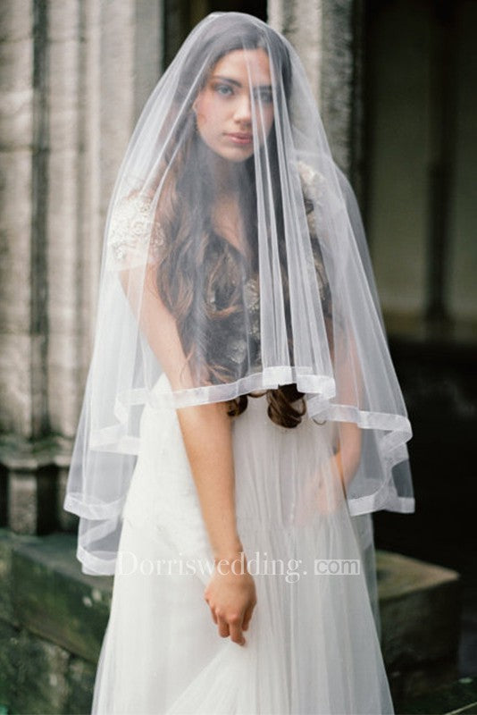 Simple New Western Style Silk Satin Soft Tulle Bridal Veil