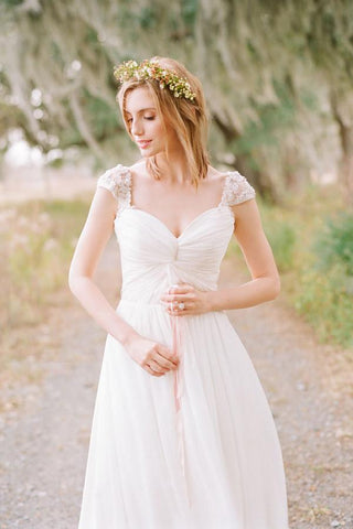 Elegant Cap Sleeve Long Chiffon Sweetheart Wedding Dress