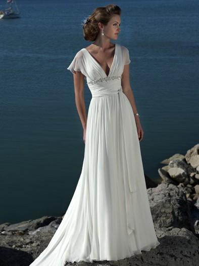 A-line V-neck Short Sleeves Beading Sweep Train Chiffon Beach Wedding DorrisDress A-line V-neck Short Sleeves Beading Sweep Train Chiffon Beach Wedding DorrisDress