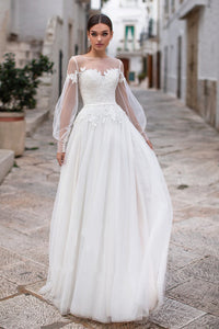 Elegant Bateau Long Sleeve Floor Length Wedding Dress with Applique and Pleats