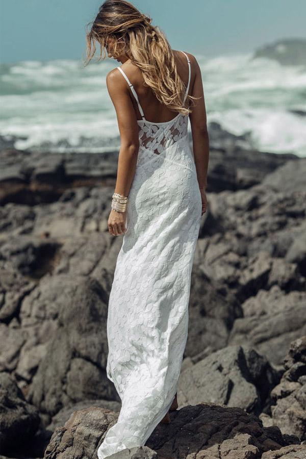 Long Sheath Spaghetti Straps Lace Beach Wedding Dresses-715496 – DorrisDress