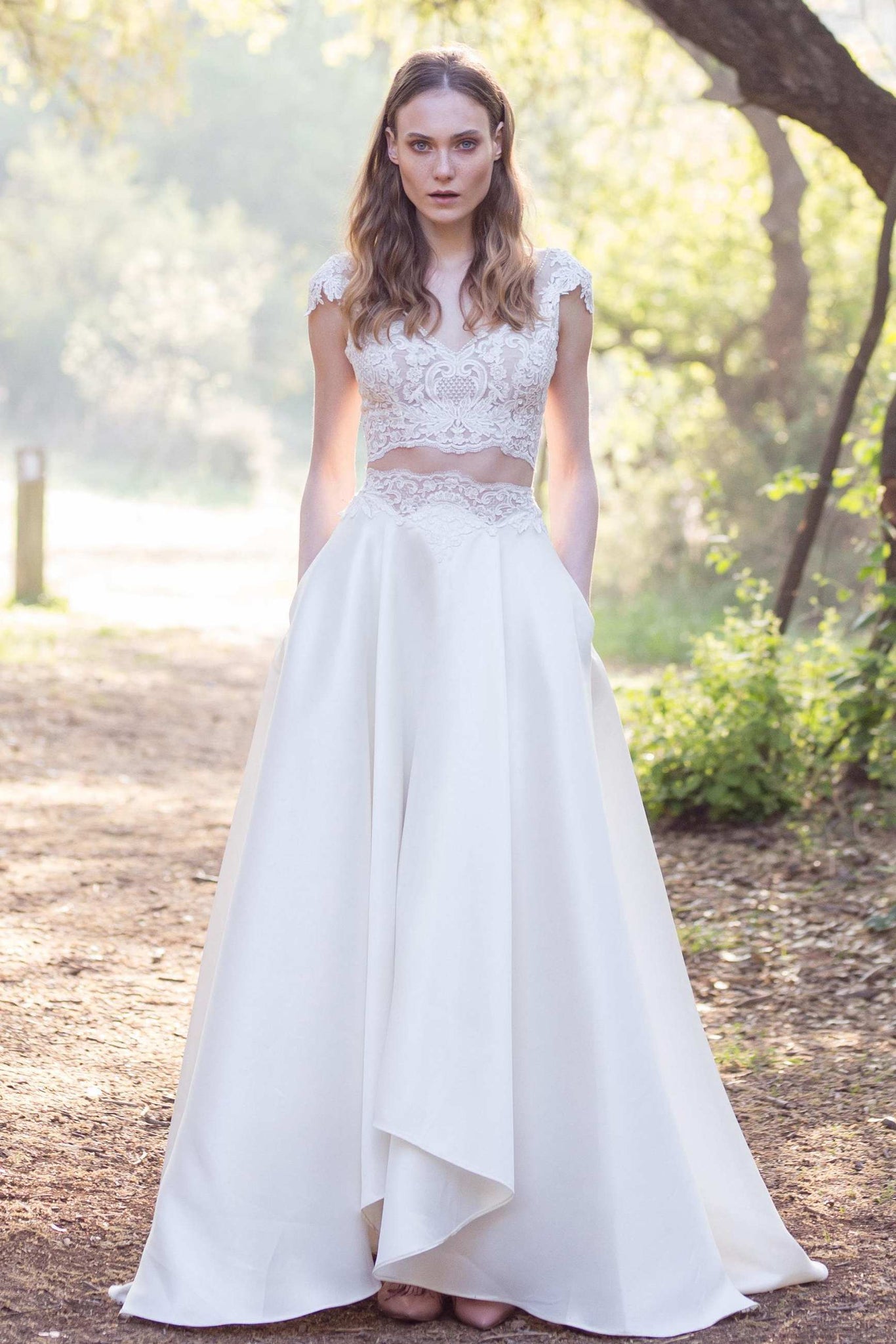 V-Neck Cap-Sleeve Two-Piece A-Line Satin Wedding Dress With Appliques- DorrisDress V-Neck Cap-Sleeve Two-Piece A-Line Satin Wedding Dress With Appliques- DorrisDress